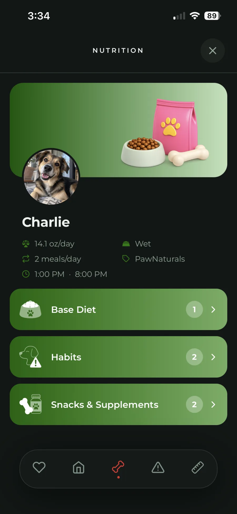 Nutrition screen: daily amount, meal times, base diet, habits, snacks and supplements